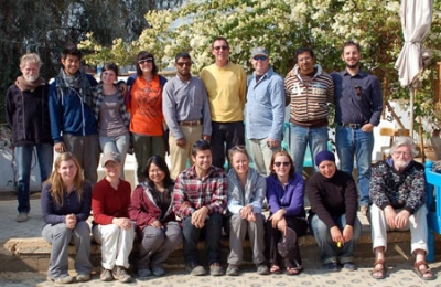 The archaeological team from Amarna, including eight students, three instructors in need of evacuation, and several locals who remained in Egypt. UCLA professor Hans Barnard appears in the middle, in yellow.